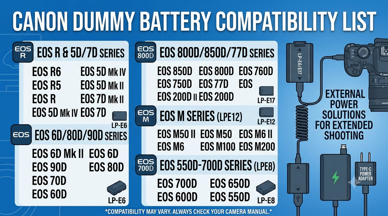 Canon model & Dummy battery compatibility list LPE6 LPE8 LPE12 LPE17efillooc.com