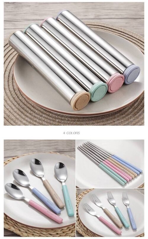 efillooc Stainless Steel Wheat Straw Tableware Gift Set spoon fork chopstick