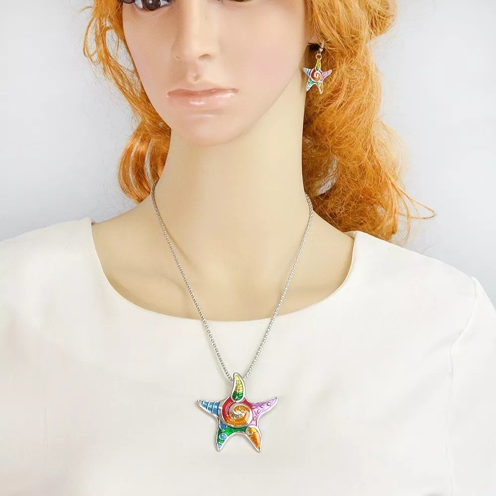 efillooc Ocean Enamel Necklace Pendant Earring Set