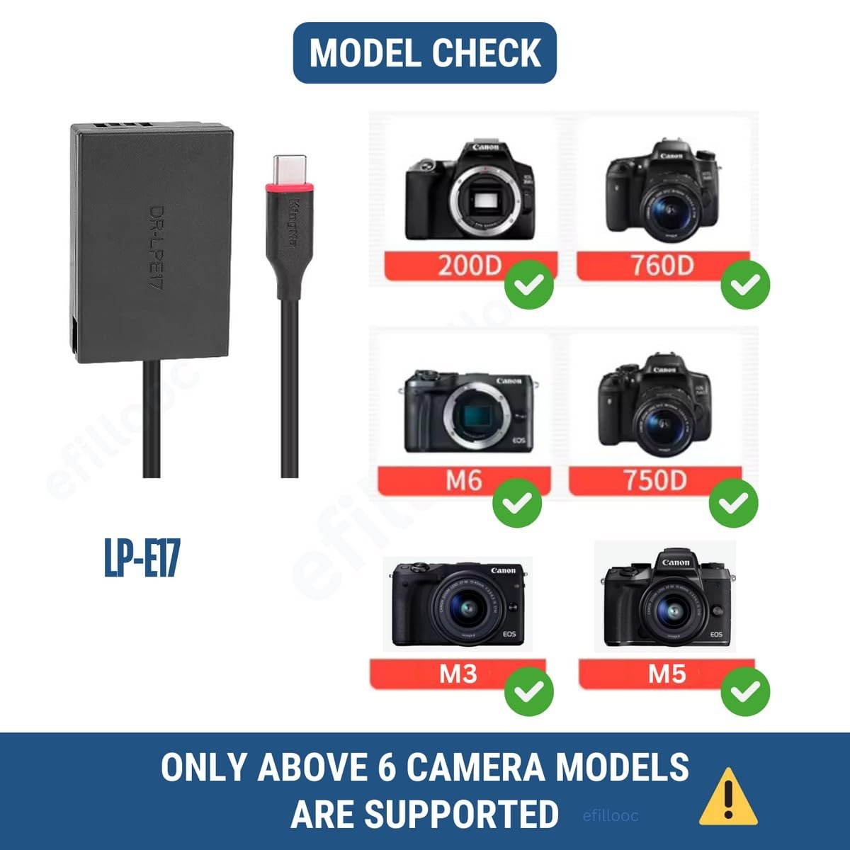 efillooc dummy battery usb c lp e17 dc coupler for canon N efillooc dummy battery usb c lp e17 dc coupler for canon EOS 760D, 750D, 200D, M3, M5,M6