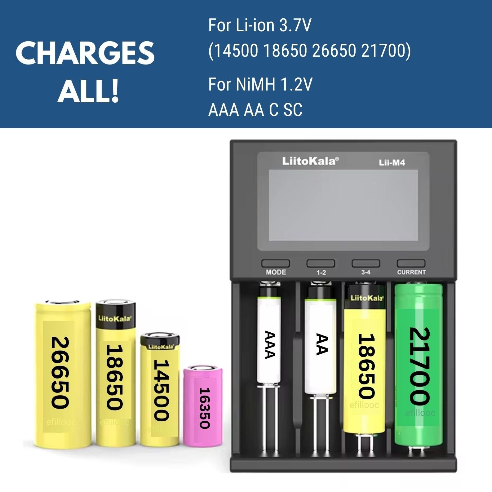 efillooc liitokala lii-M4 4 Bay smart battery charger USB AA AAA 18650 14500 21700