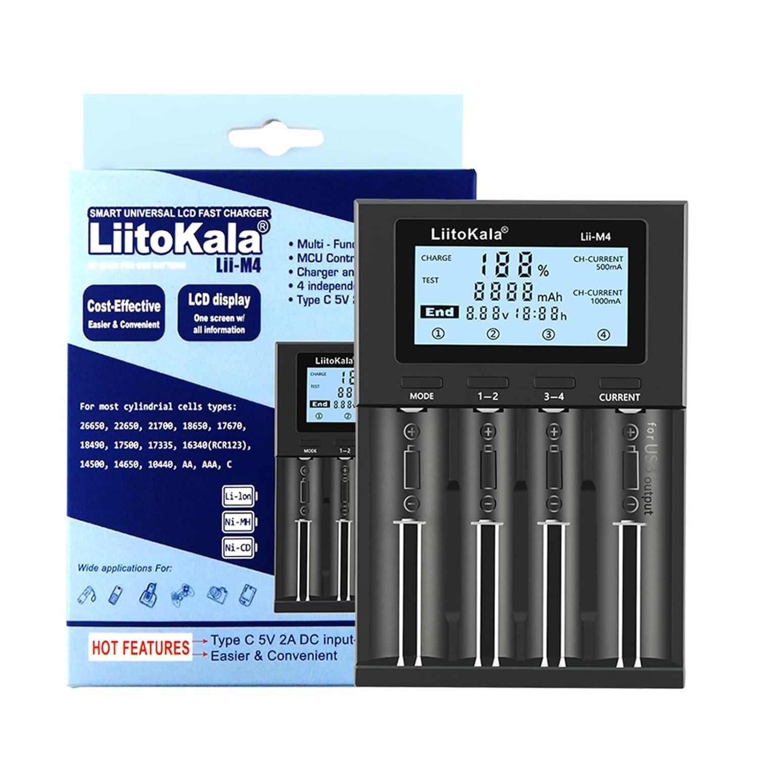 efillooc liitokala lii-M4 4 Bay battery charger USB AA AAA 18650 des