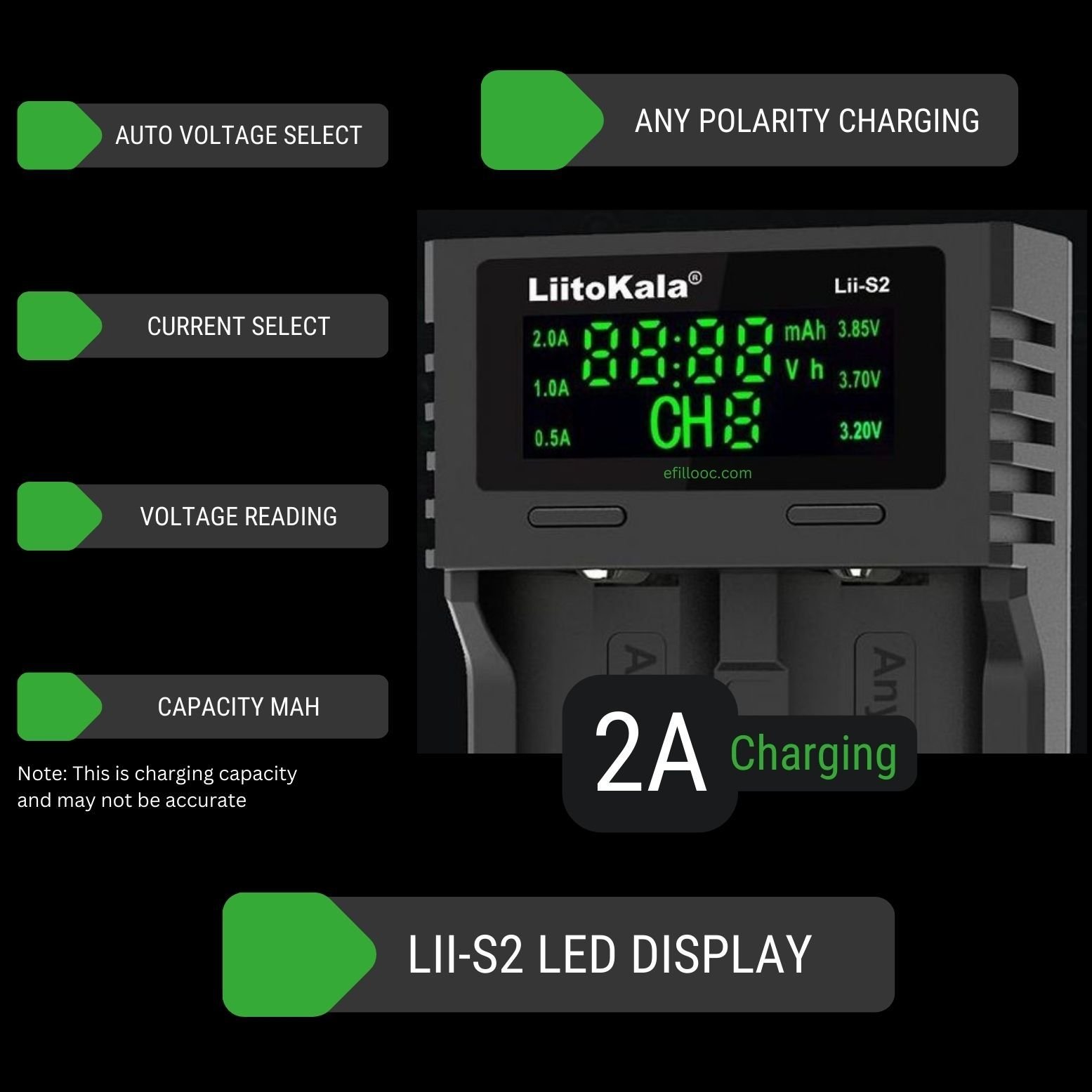 efillooc liitokala lii-S2 battery charger USB AA AAA 18650 4.2V 2A output