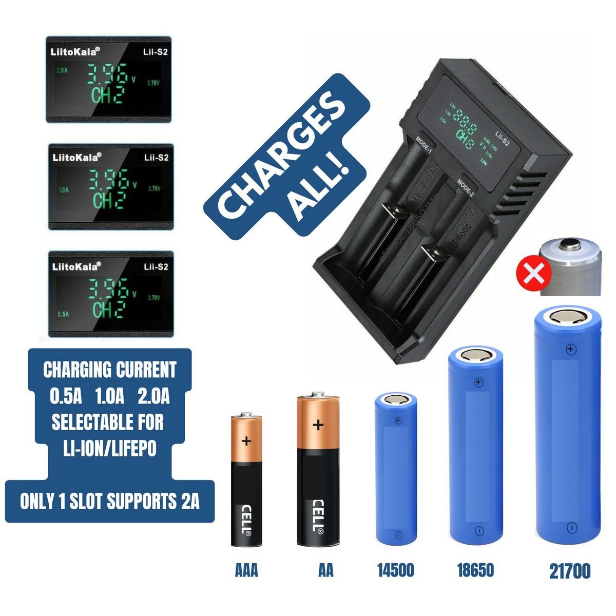 efillooc liitokala lii-S2 battery charger USB AA AAA 18650 4.2V 2A output