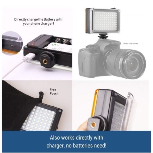 efillooc 96 LED Video Light for DSLR Dimmable Cold Shoe 4xAA or USB charger