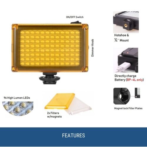 efillooc 96 LED Video Light for DSLR Dimmable Cold Shoe 4xAA or USB charger
