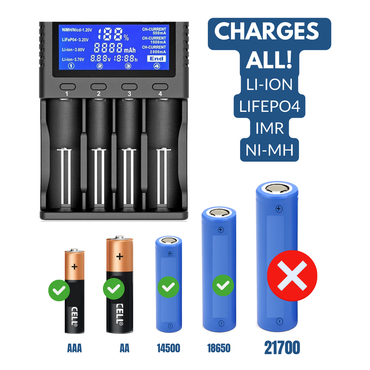 efillooc liitokala lii-PD4 4 Bay 2A Quick battery charger USB AA AAA 18650 21700