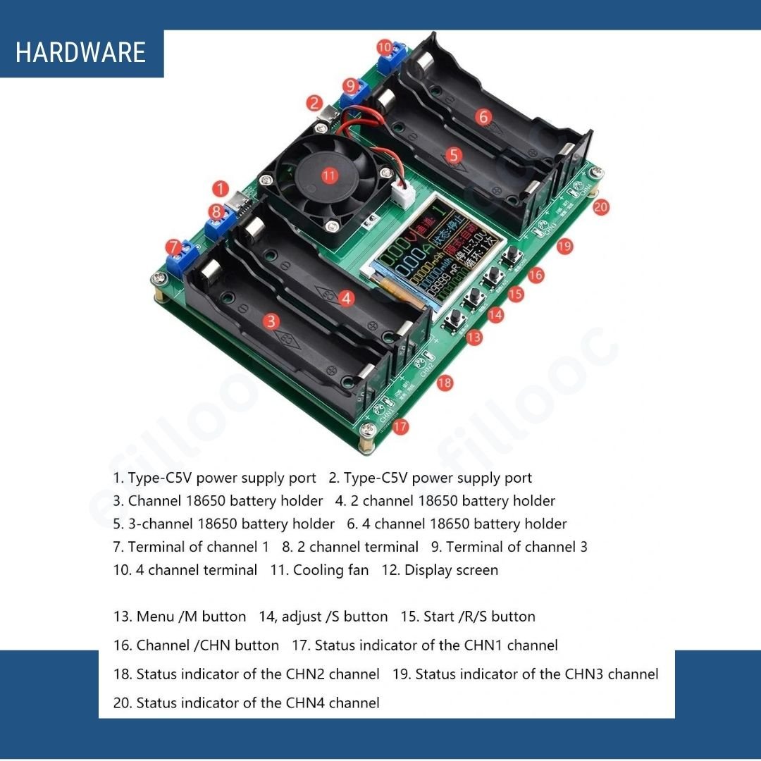 efillooc 18650 battery capacity tester 4 channel
