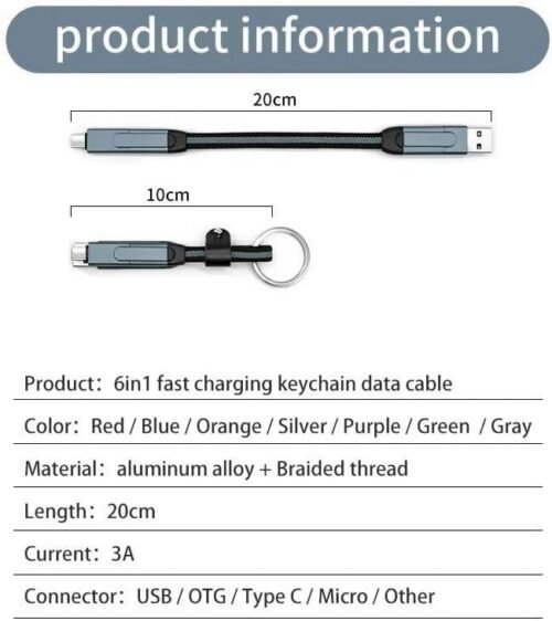 efillooc 6in1 usb c data cable multiport charging cable short