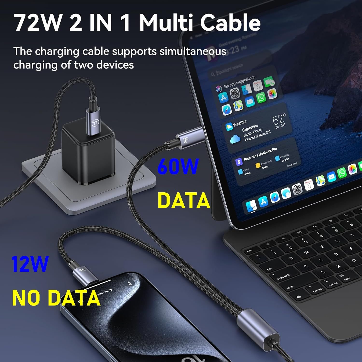 Efillooc Usams SJ740 USB C Laptop Charging Cable 2-in-1 USB C to dual usb c 60W PD