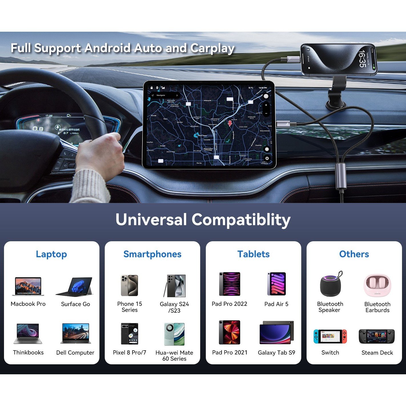 Efillooc Usams SJ740 USB C Laptop Charging Cable 2-in-1 USB C to dual usb c 60W PD
