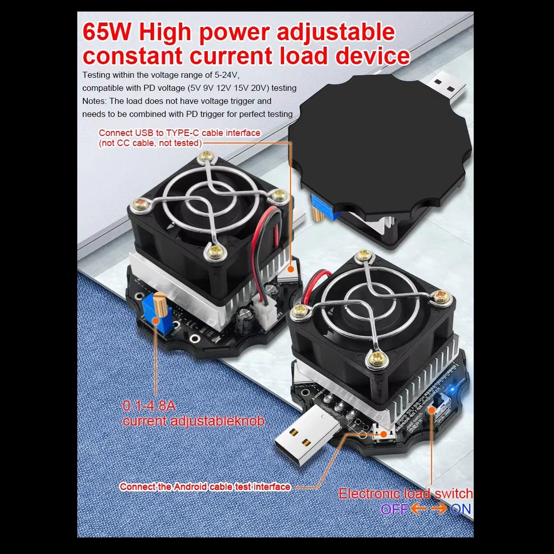 efillooc 65W USB electronic load tester aging test