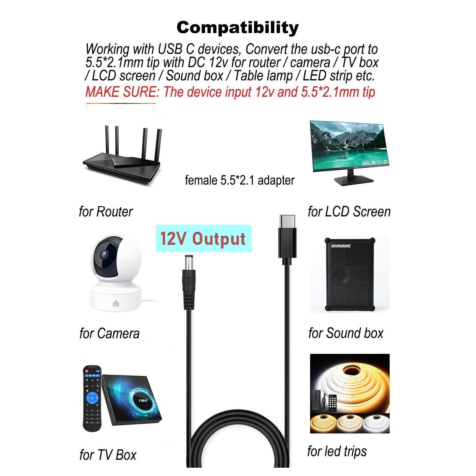 Efillooc USB-C to DC 12V cable 5.5x2.1mm Trigger Decoy Power Cable