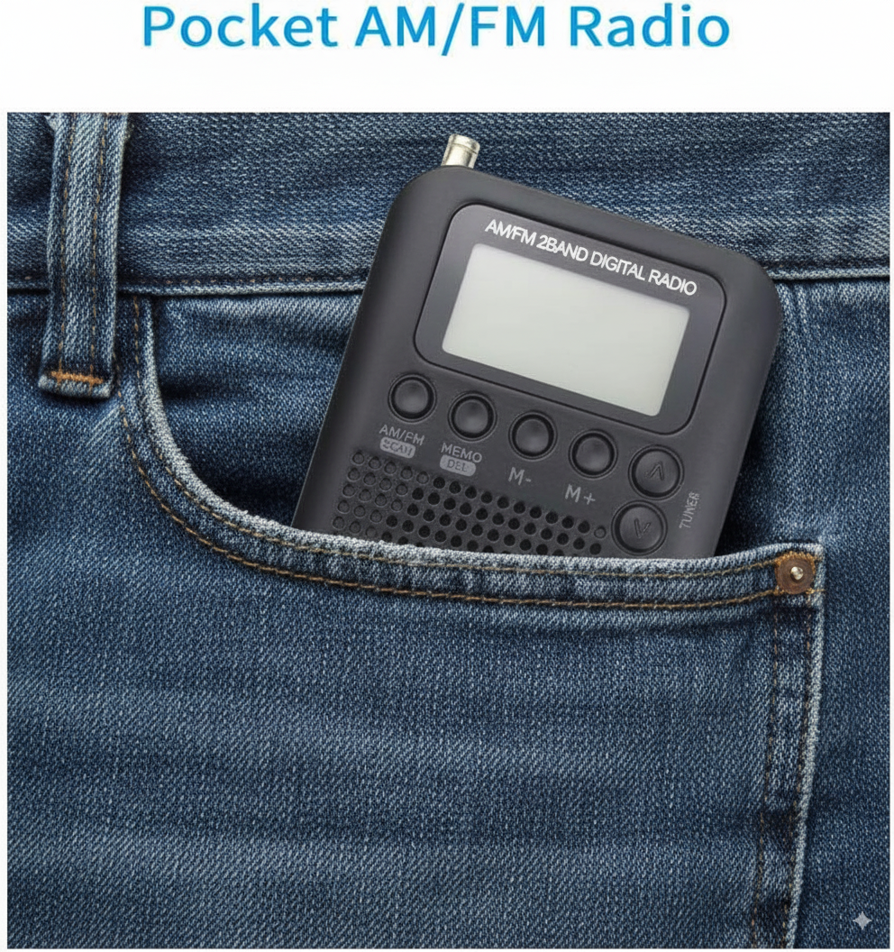 efillooc 2band AMFM pocket radio 104 2 AAA battery headphone clock and alarm function