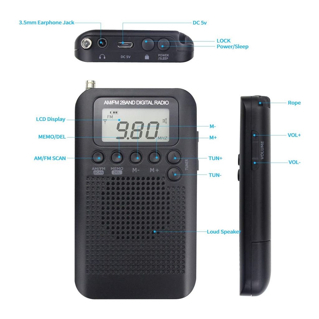 efillooc 2band AMFM pocket radio 104 2 AAA battery headphone clock and alarm function