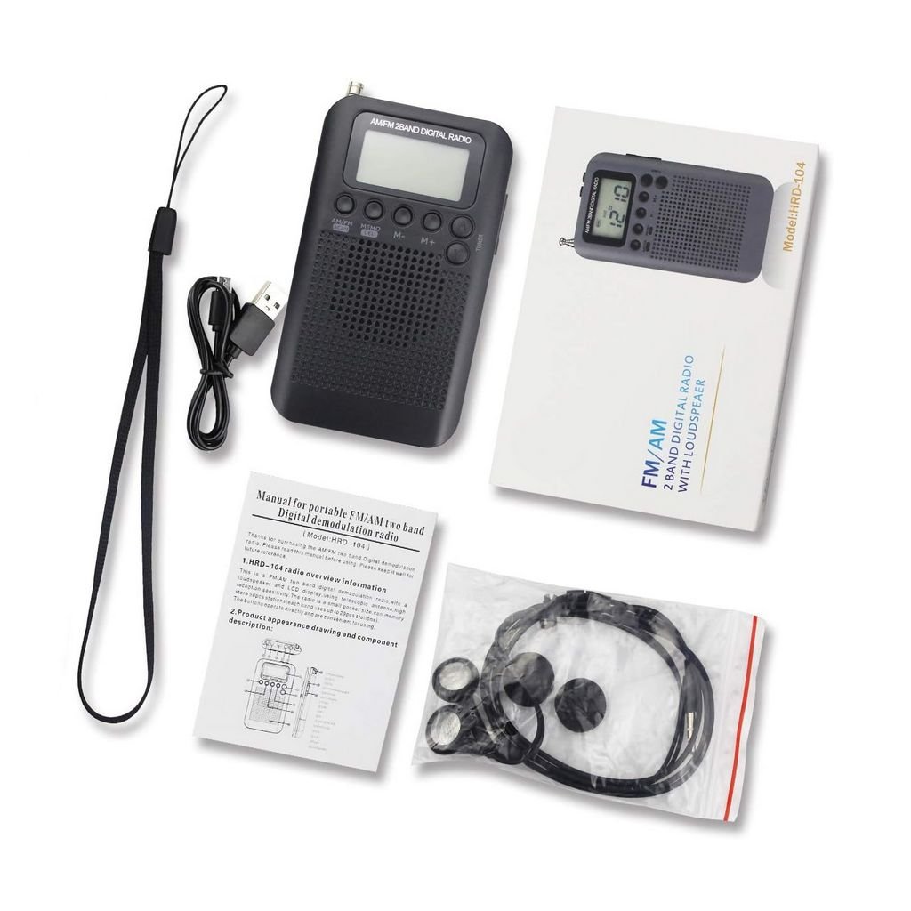 efillooc 2band AMFM pocket radio 104 2 AAA battery headphone clock and alarm function