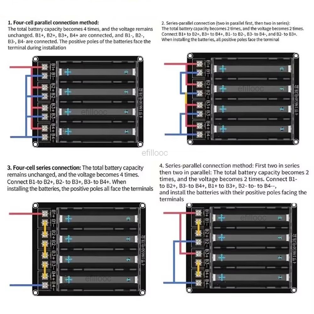 efillooc 4 cell 18650 battery box holder series parallel connection