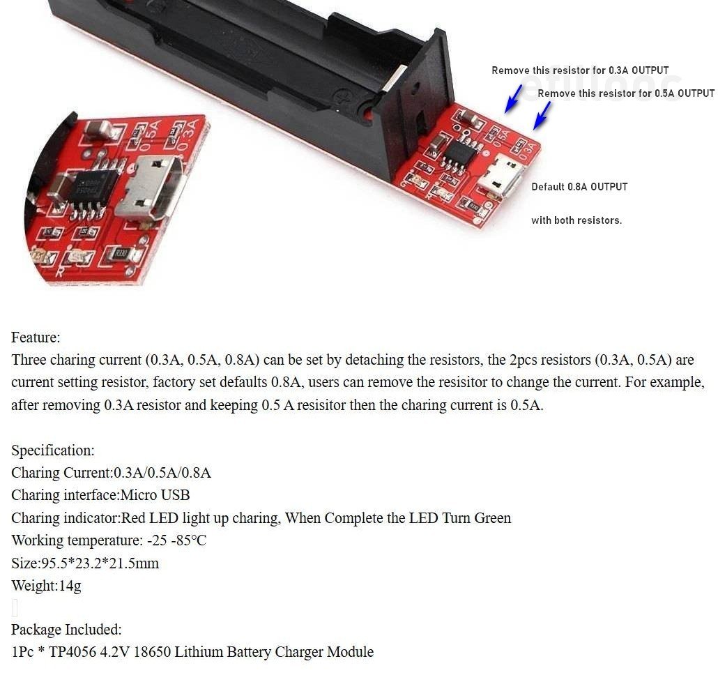 Efillooc TP4056 1-Cell 18650 Charger Module with holder